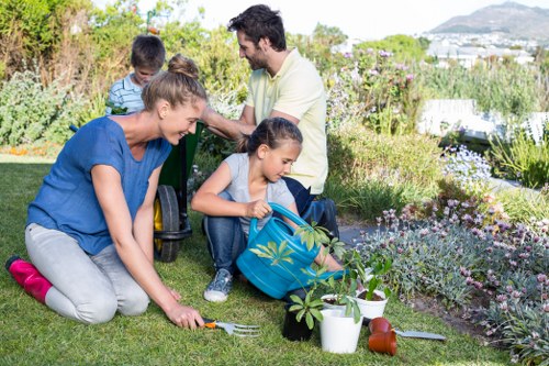 Landscaping team installing sustainable planting in an urban garden