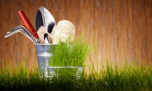 Close-up of hedge trimming tools beside a green shrub